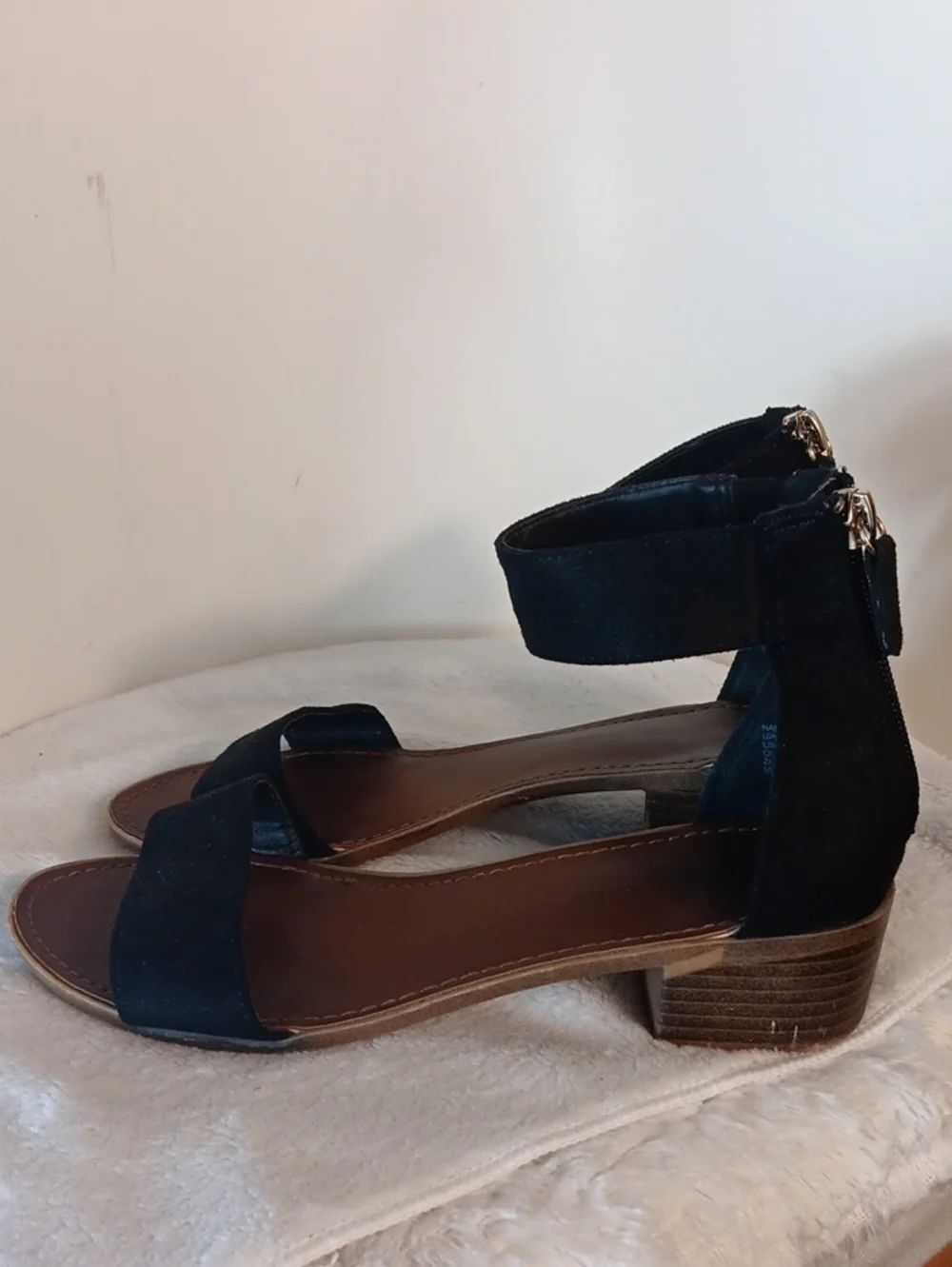 Rock & Candy Black Suede Ankle-Strap Low Block Heel Sandals